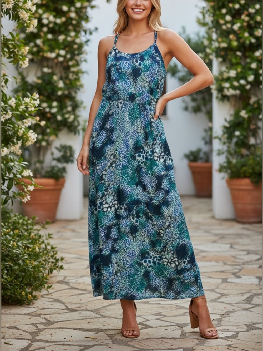 No Boundaries Teal & Navy Printed Spaghetti-Strap Maxi Dress Size Junior 11/13